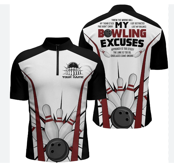  Bowing Shirts Full Sublimation Custom Design 1/2 Zipper Unisex Bowling Jersey pins 