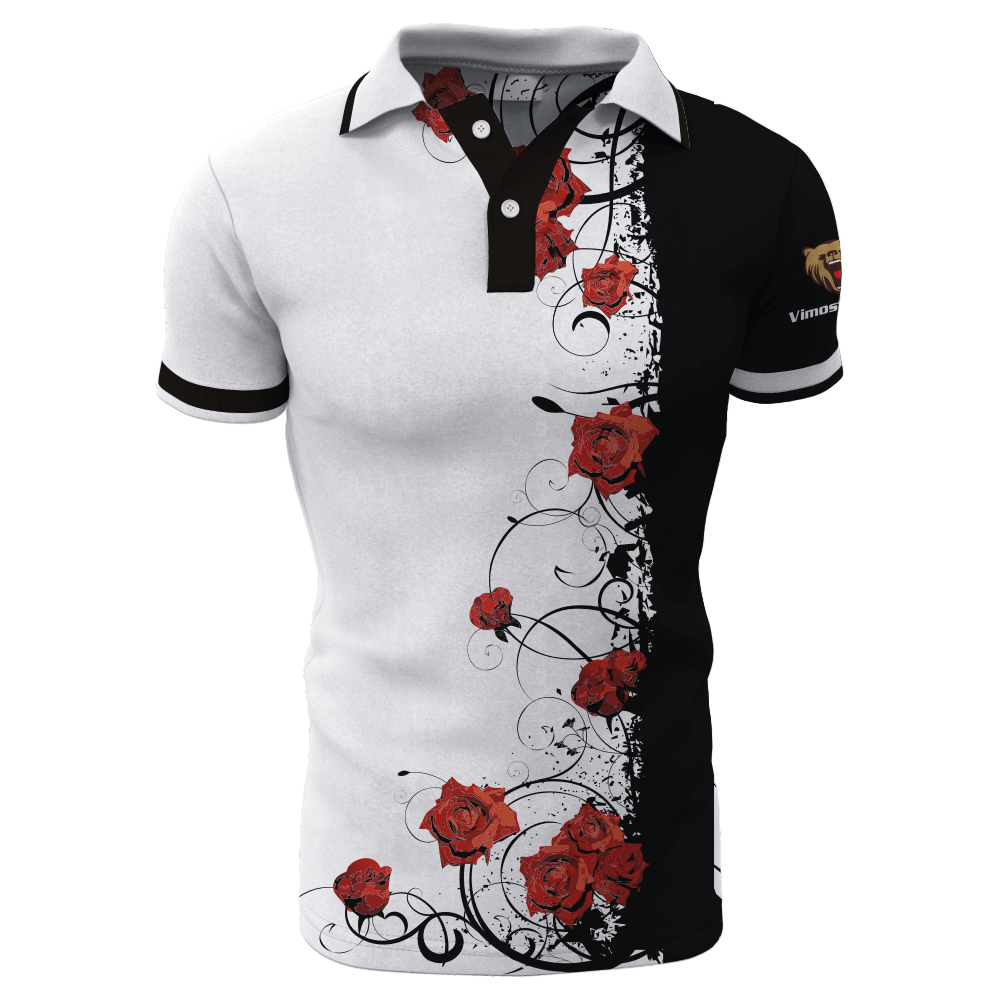 2022 Sublimated Black And White Polo Shirts of Red Rose Patterns