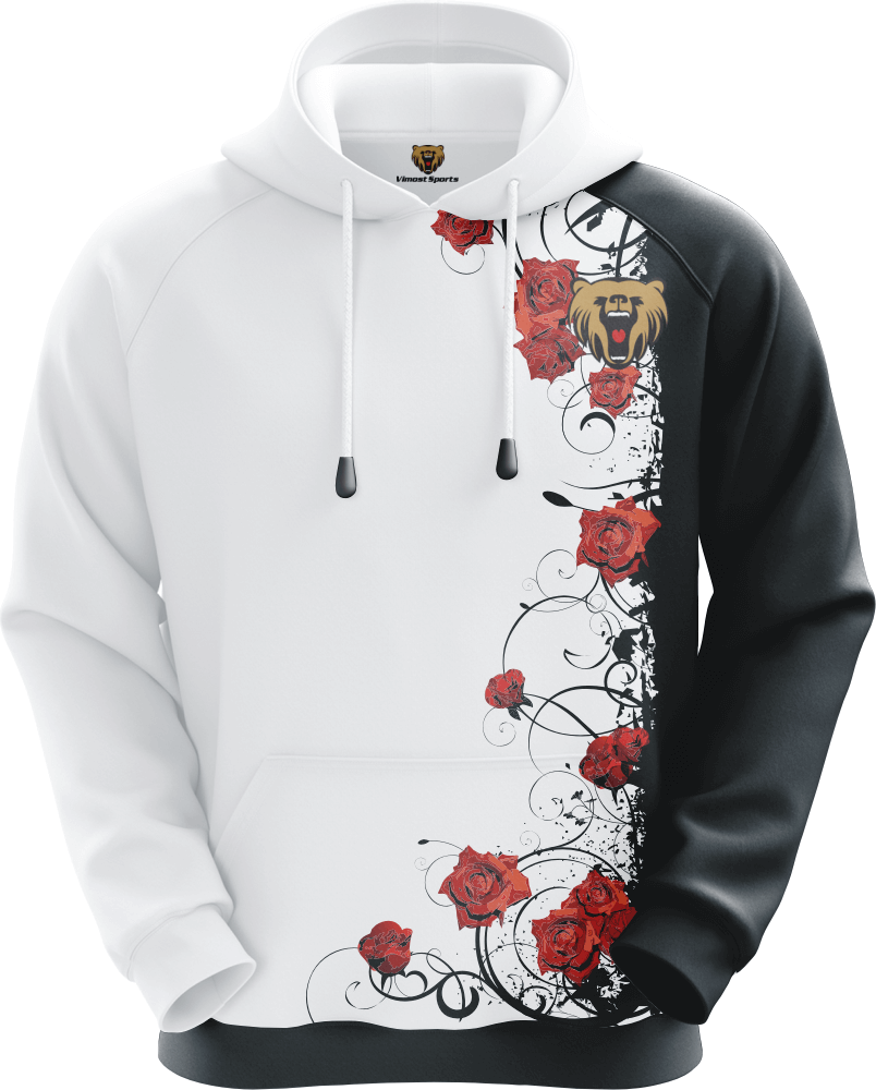 Good Quality Custom Sublimated White And Black Hoodie with Red Rose Patterns