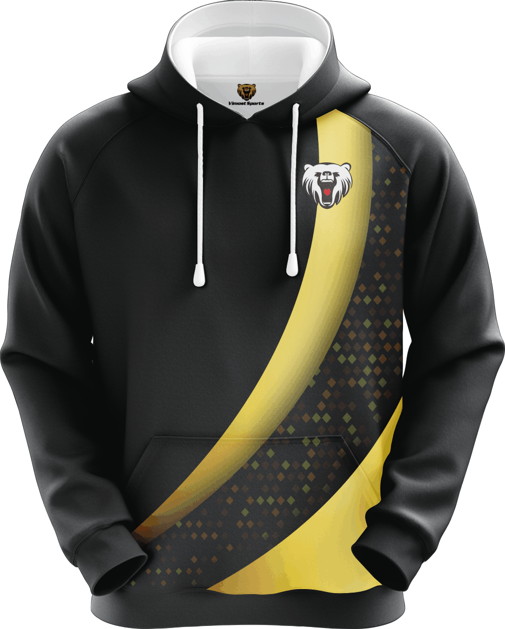  Custom Sublimated Black And Yellow Hoodie with Ribbed Hem 