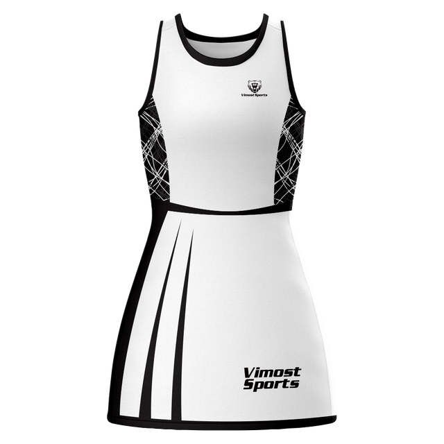  Custom Sublimated Good- Looking Netball Dress with Classic White And Black Colors