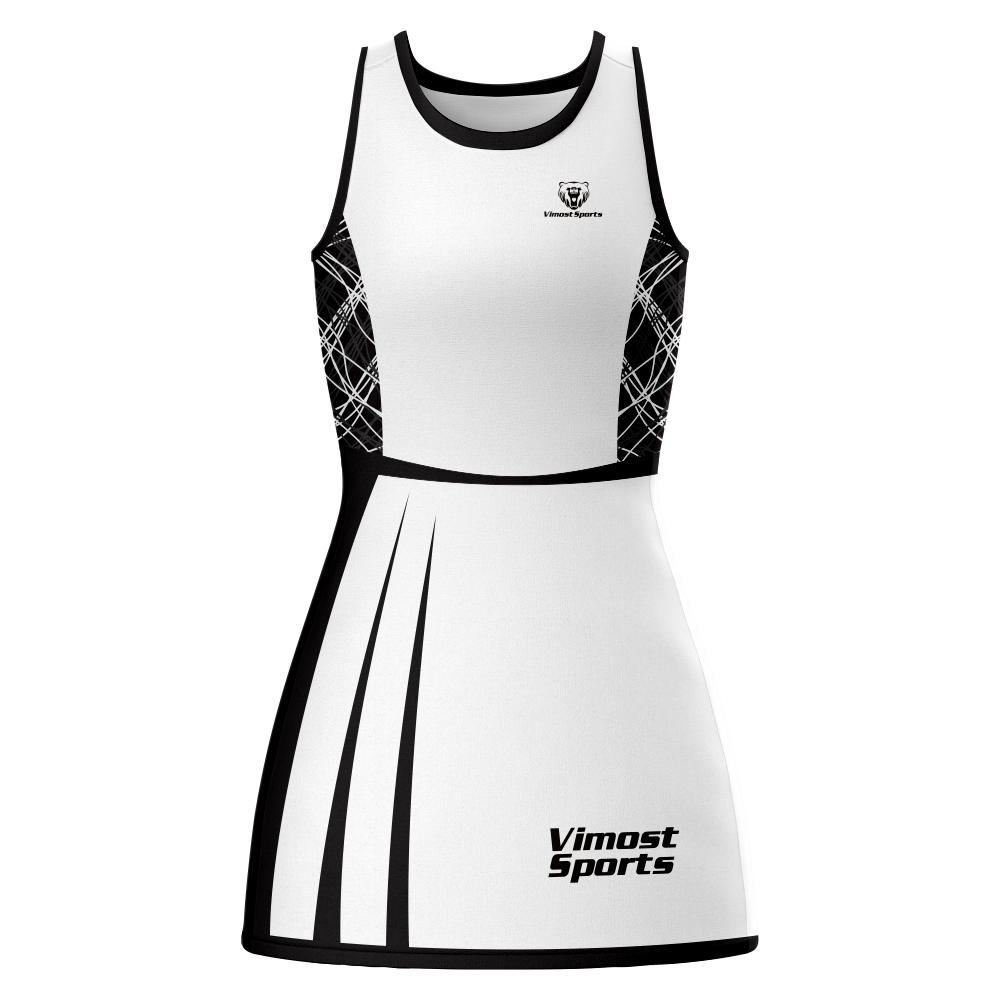  Custom Sublimated Good- Looking Netball Dress with Classic White And Black Colors